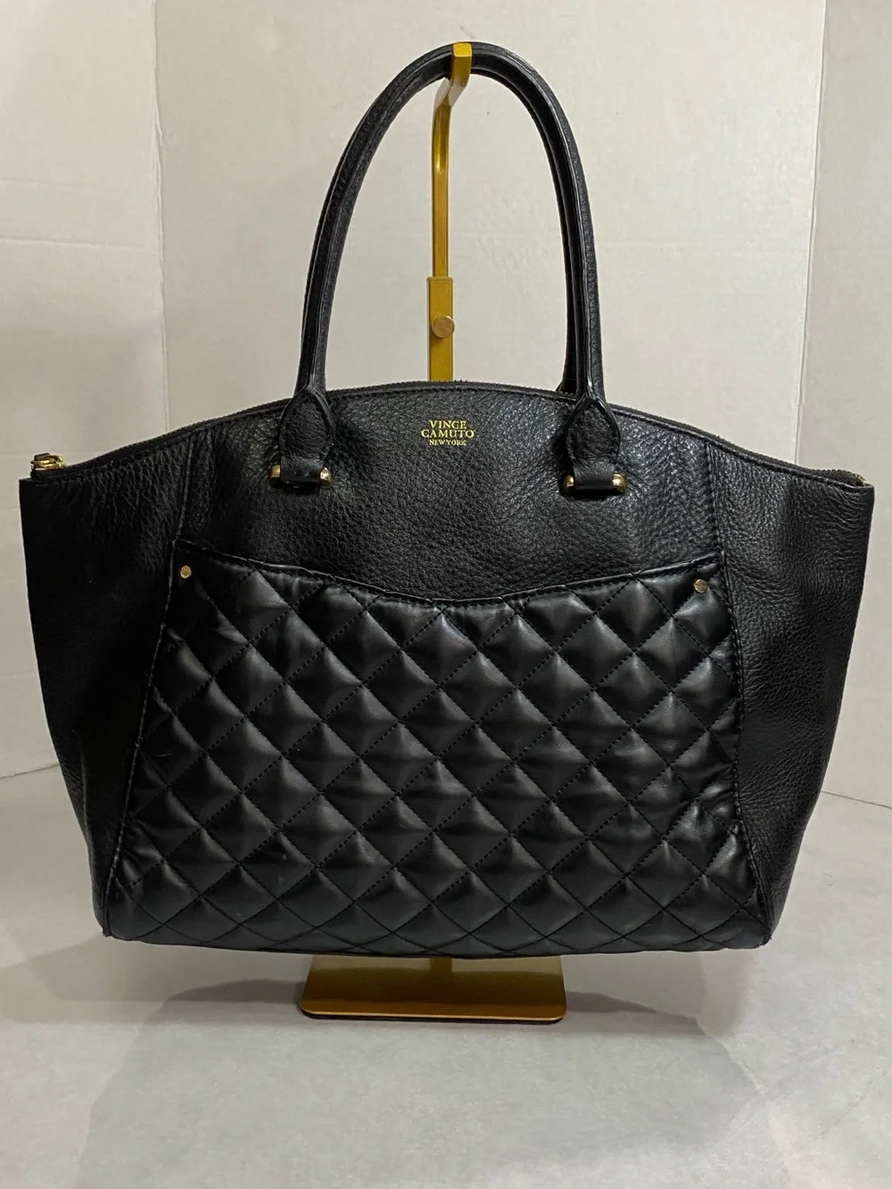 Vince Camuto Quilted Pebbled Leather Tote Black Gold Zip Shopper